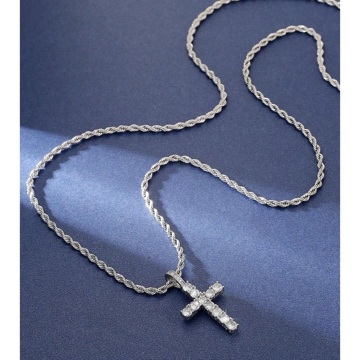 Necklace Cross Pendant Silver Tone Stainless Steel Twisted Rope Chain Women