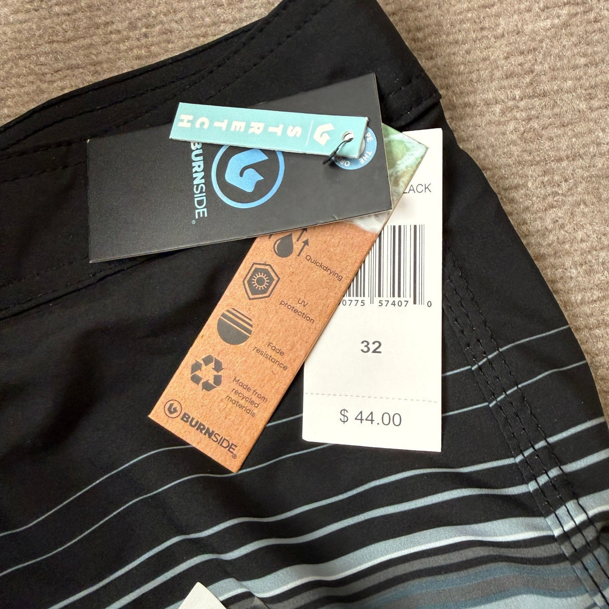 MSRP $44 Burnside Mens 32 Black/Slate Blue 9 1/2" Striped Board Shorts