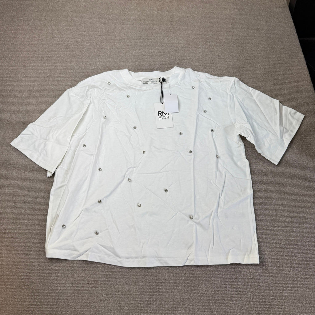 MSRP $44 RM Rebecca Minkoff Women's L White Embellished Short Sleeve Tee