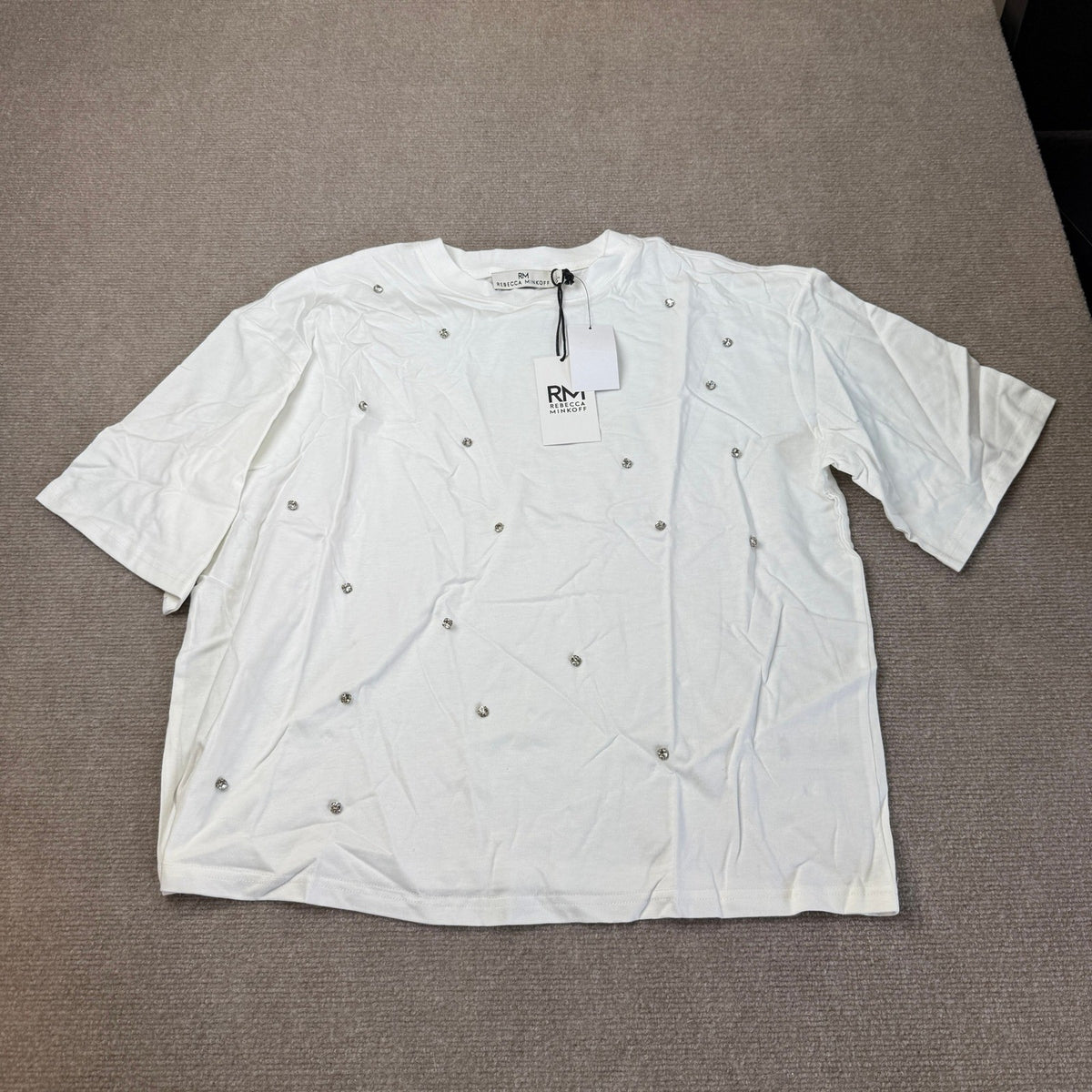 MSRP $44 RM Rebecca Minkoff Women's L White Embellished Short Sleeve Tee