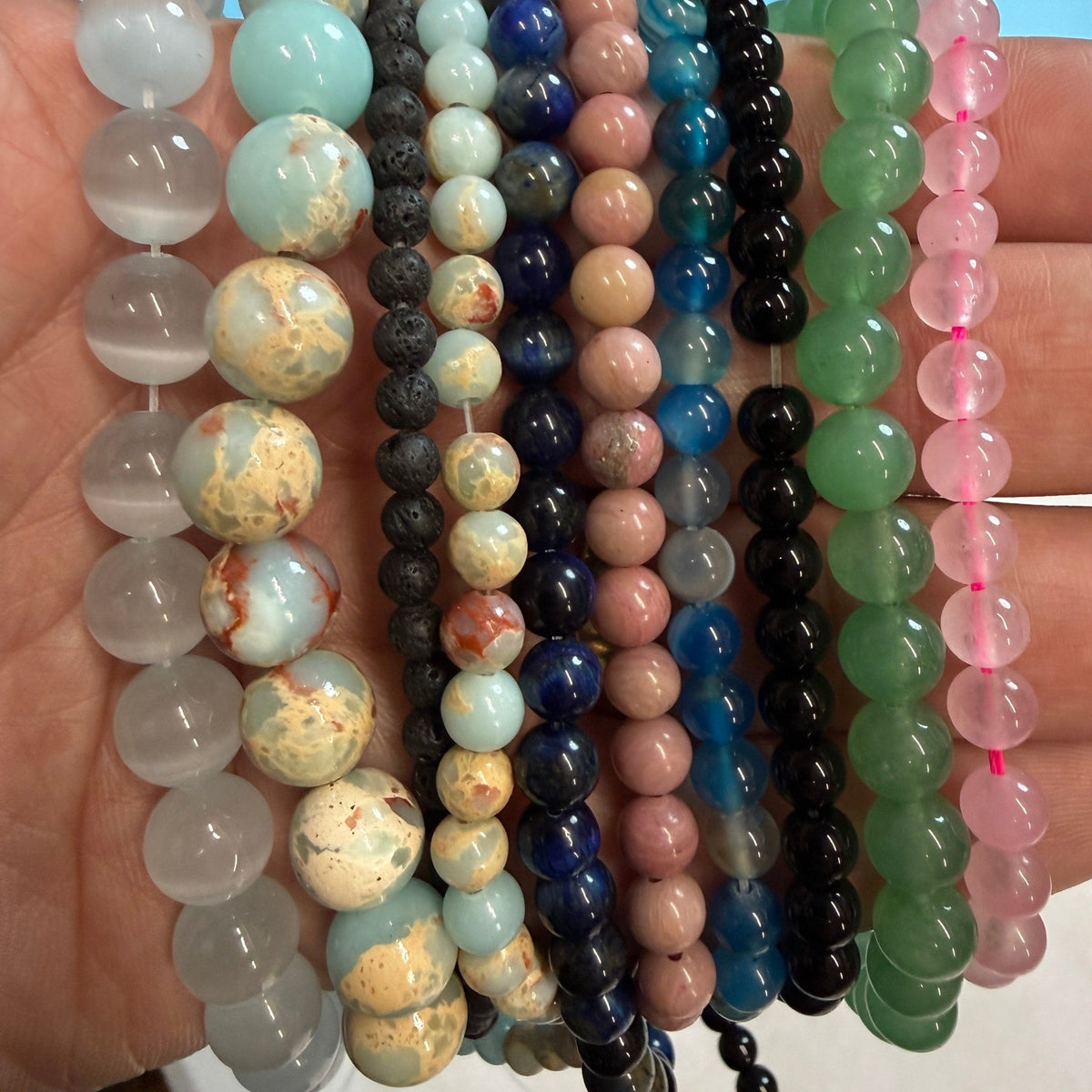 Set of 10 Natural Gemstone Round Beads Strands 15" Sizes 6,8,10 mm 10oz №B28