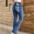 Women's L Blue Bootcut Flare Jeans High Waist Cross Wing Embroidered Back Pocke