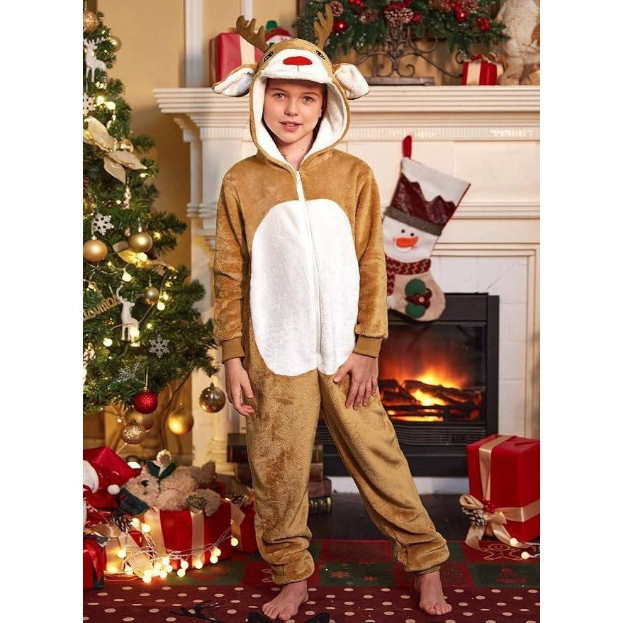 IIMMER Kids 11-12Y Christmas Costume Brown Reindeer Flannel Hooded Jumpsuit
