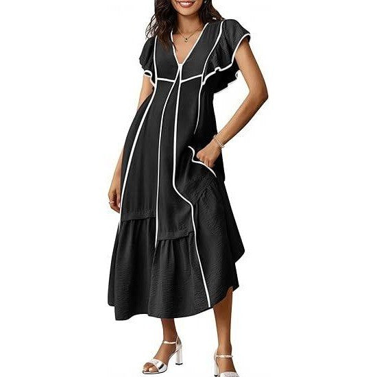 MSRP $48 Wenrine Women's S Black Summer V Neck Midi Dress Casual Ruffle Sleeve