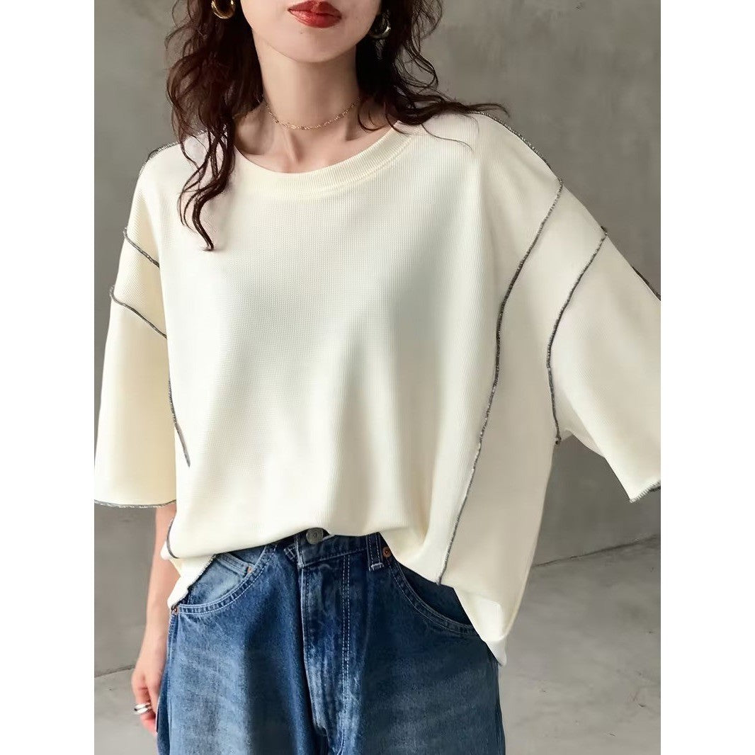 Women's Half Sleeve Oversized T-Shirt Loose Contrast Color Stripe Round Neck T