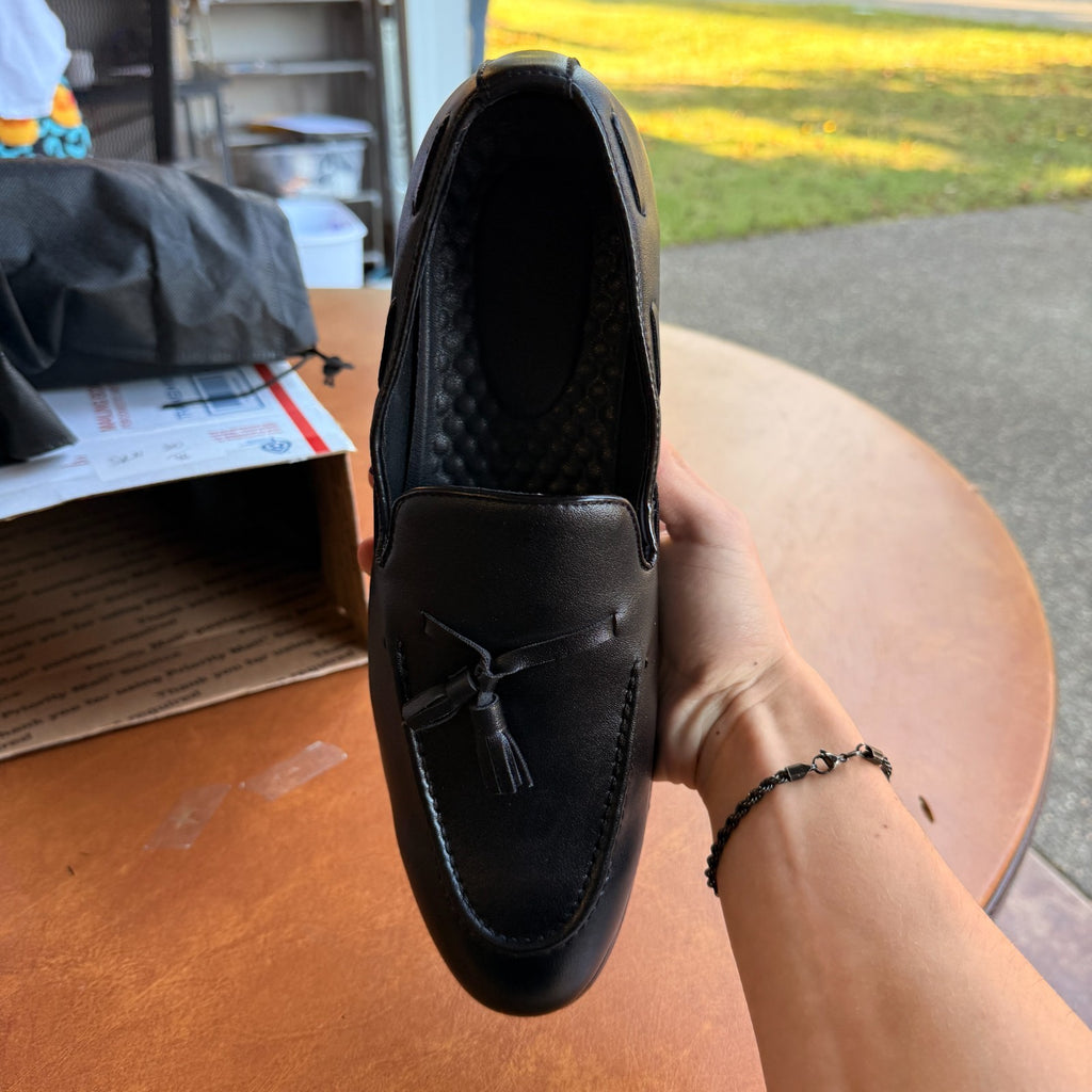 Santimon Men's US 12.5 Black Tassel Flats Loafers Slip On Dress Shoes