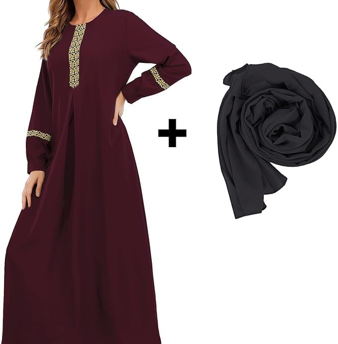 Abetteric Women's Muslim Abaya Dress w/ Hijab Zipper Islamic Robe Pockets Maxi
