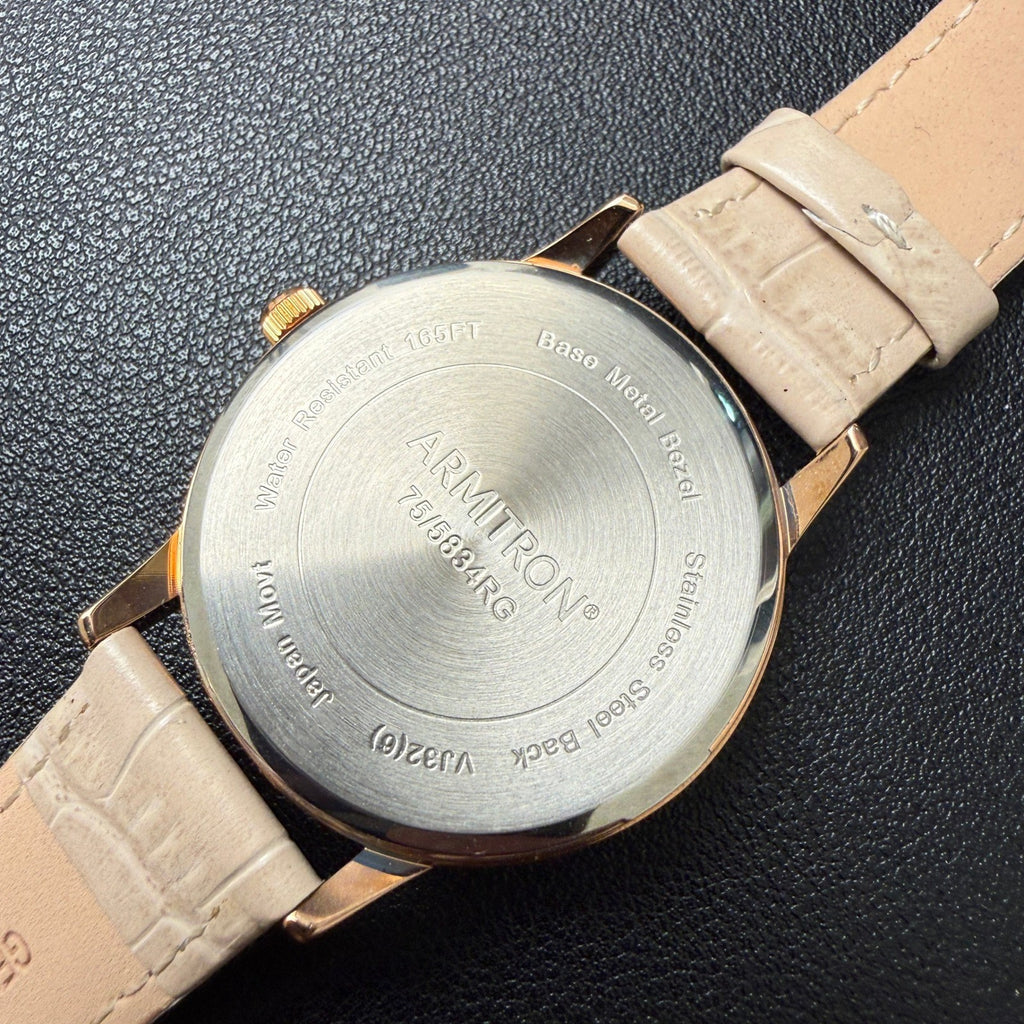 Armitron Womens 75/5834RG Rose Gold Tone Crystal Leather Strap Watch New Batter