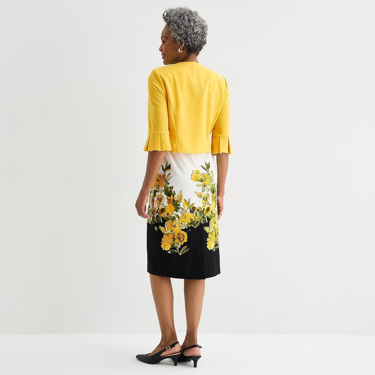 MSRP $94 Maya Brooke Women's 8 Lite Yellow White Crepe Floral Jacket Dress