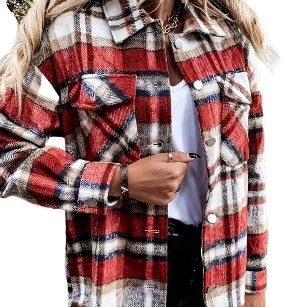 Women's XL Red Plaid Long Sleeve Shirt Jacket