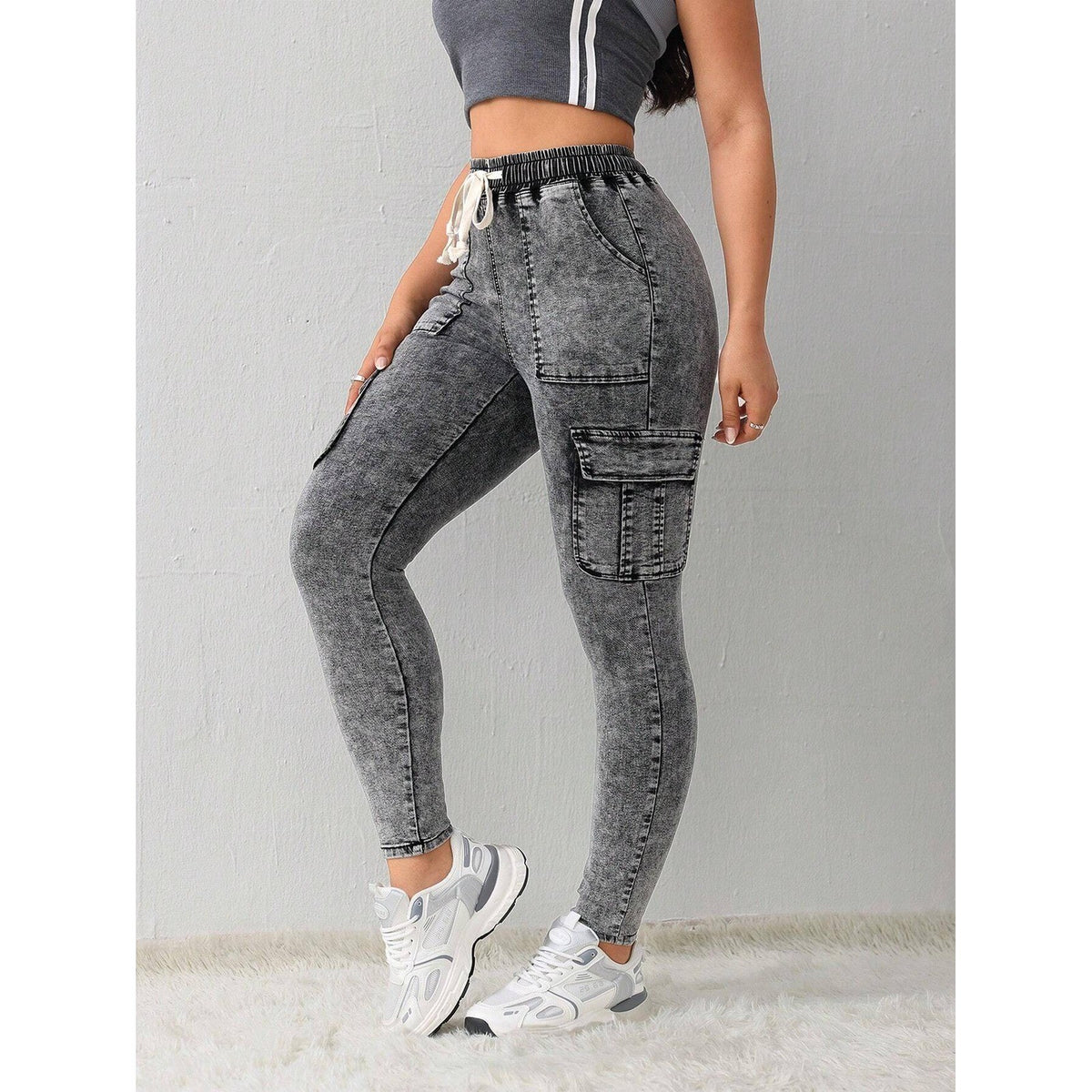 SHEIN Women's S Tall Washed Gray Thermal Fleece Lined Cargo Jeans Winter Stretc