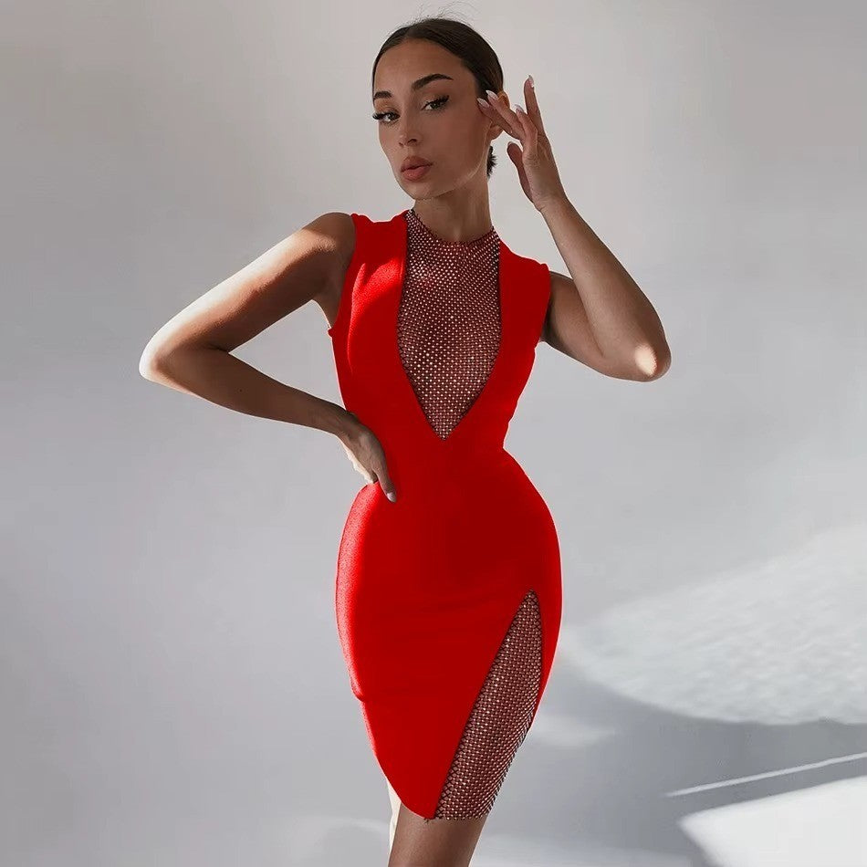 UONBOX Women's M Red Bandage V Neck Bodycon Sleeveless Split Mini Party Dress
