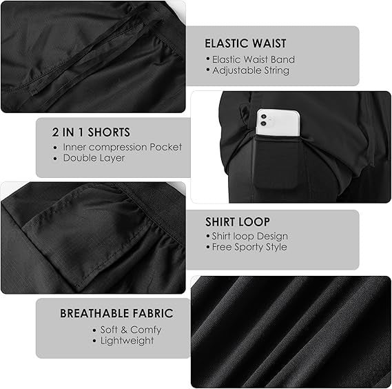 NIMOJIRO Men's M-XL Black 2 in 1 Running Shorts Workout Athletic Training Gym Ou