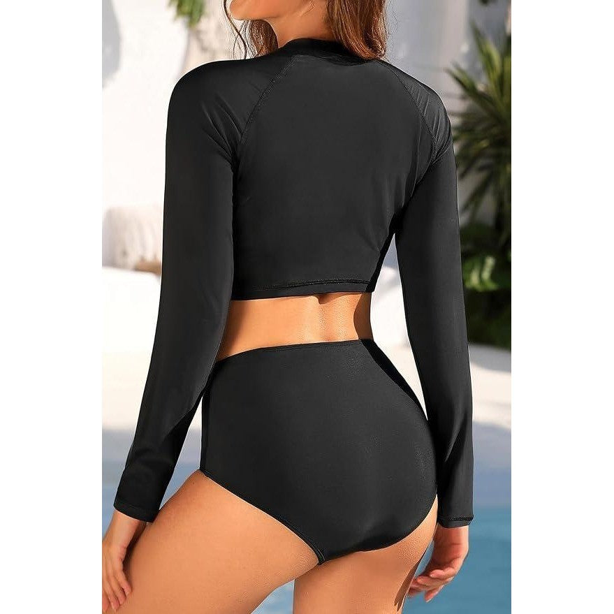MSRP $44 Pinup Fashion Women's L Black Long Sleeve Rash Guard Swimsuit Crop Top
