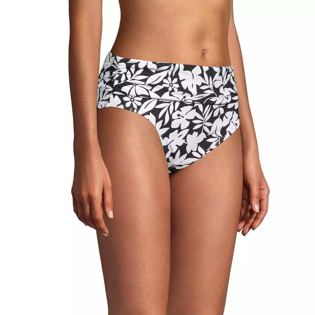 Lands' End Women's S LONG Fold Over Mid Waist Bikini Swim Bottoms Black Havana