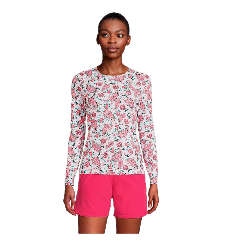Lands' End Women's M-1X LONG Long Sleeve Rash Guard Swim Tee White Multi Paisley