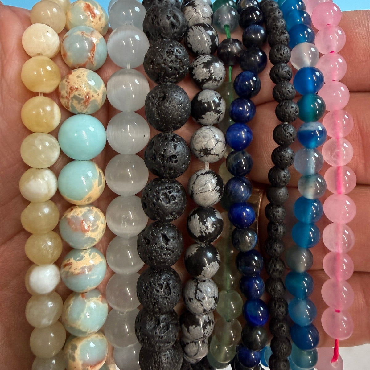 Set of 10 Natural Gemstone Round Beads Strands 15" Sizes 6,8,10 mm 12oz №B27