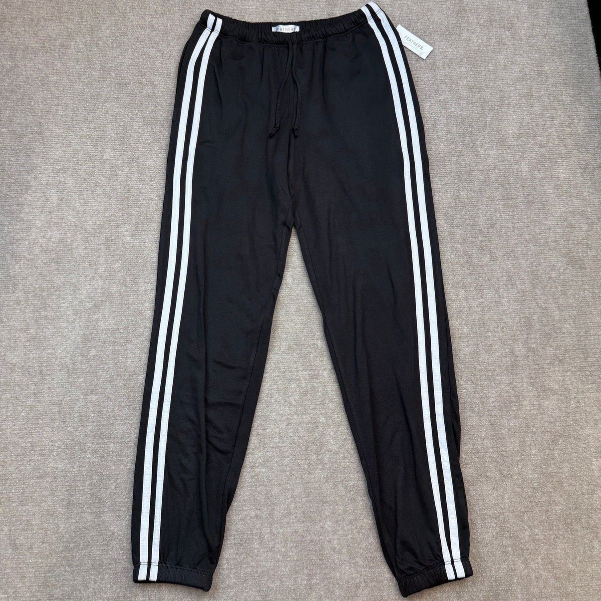 NWT Feathers Women's S Black Joggers White Side Stripes Track Pants