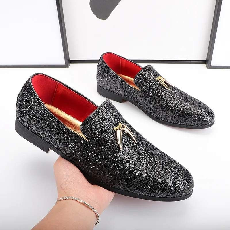 Santimon Mens US 6 Black Metal Tassels Glitter Sequin Slip On Loafers Shoes