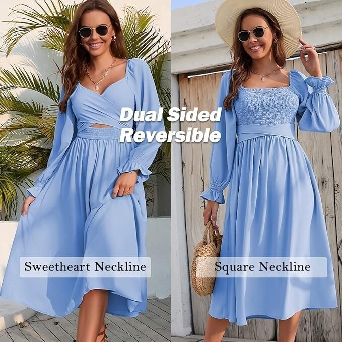 Medium Women Tie Back Long Puff Sleeve Dress Sage Ruffle Wrap Reversible Flowy