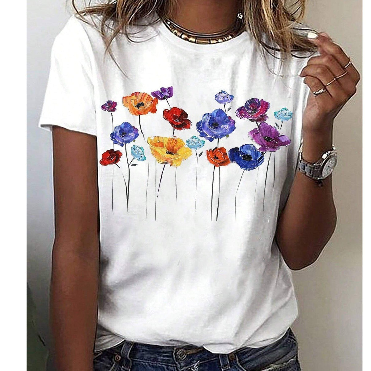 NWT Shein Emery Rose Women's L Casual Floral Print White Short Sleeve T-Shirt W