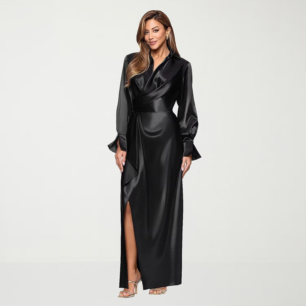 MSRP $120 DJ Jaz Womens 12 Black Long Sleeve Satin Evening Gown Long Dress
