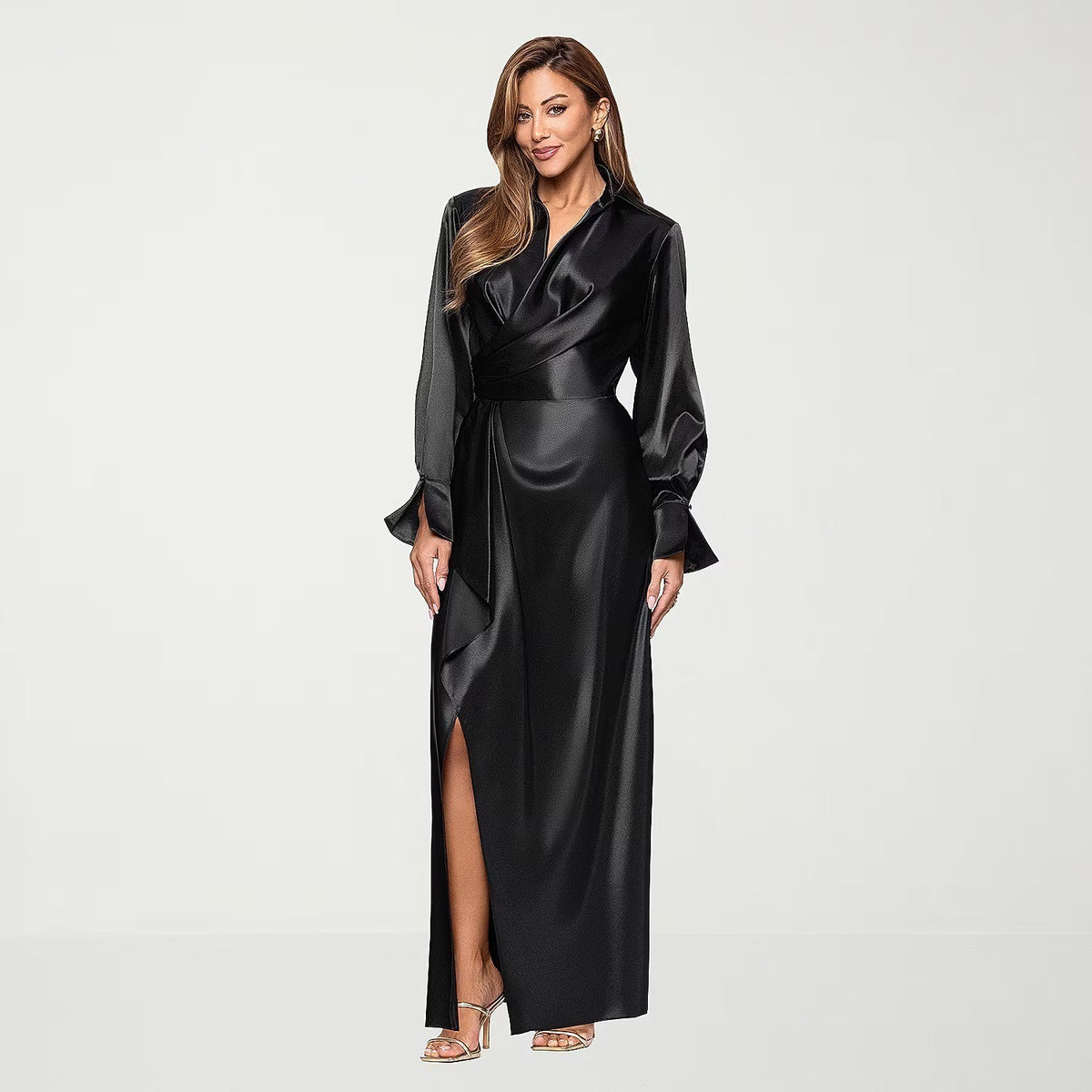 MSRP $120 DJ Jaz Womens 12 Black Long Sleeve Satin Evening Gown Long Dress