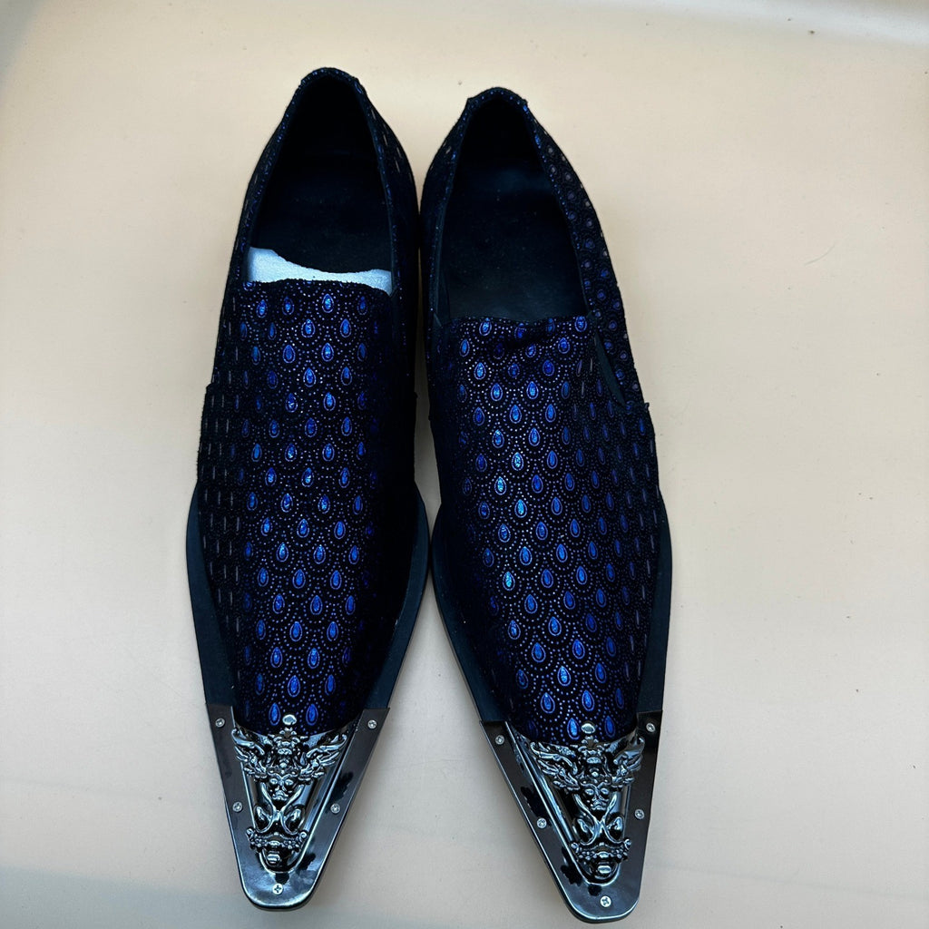 Santimon Men's US 9.5 Black/Blue Leather Metal Tip Western Loafers Dress Shoes
