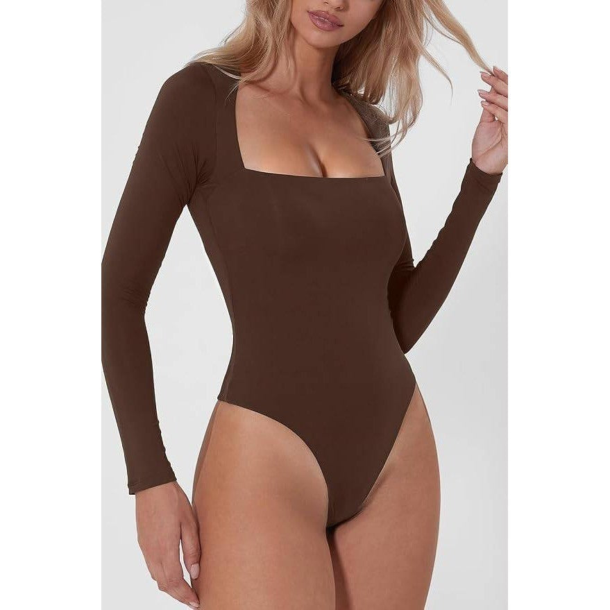 MSRP $28 QINSEN Women's XS Sexy Square Neck Bodysuit Long Sleeve Double Lined