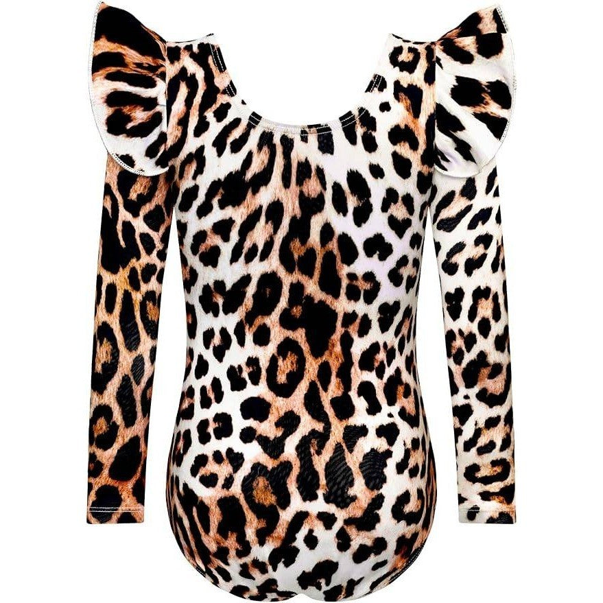 Tziharora Girls 3-4T Black Leopard Long Sleeve Gymnastics Leotard with 3D Ruffle