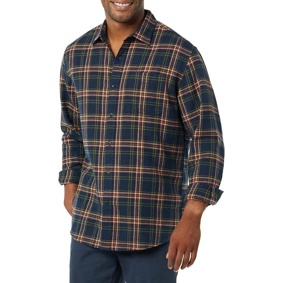 Amazon Essentials Men's L Dark Navy Plaid Regular Fit Long Sleeve Flannel Shirt