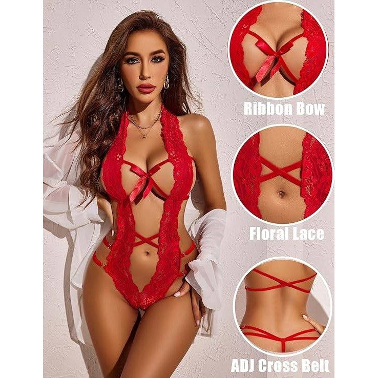 Avidlove Women's L Red Deep V Halter Lingerie Teddy One Piece Bodysuit Lace