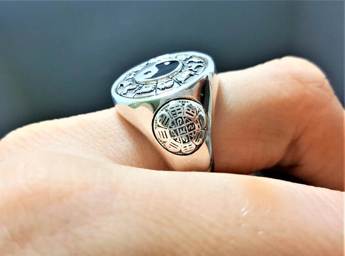 Yin Yang Chinese Horoscope Zodiac Signet Spinner Ring Stainless Steel Size 7