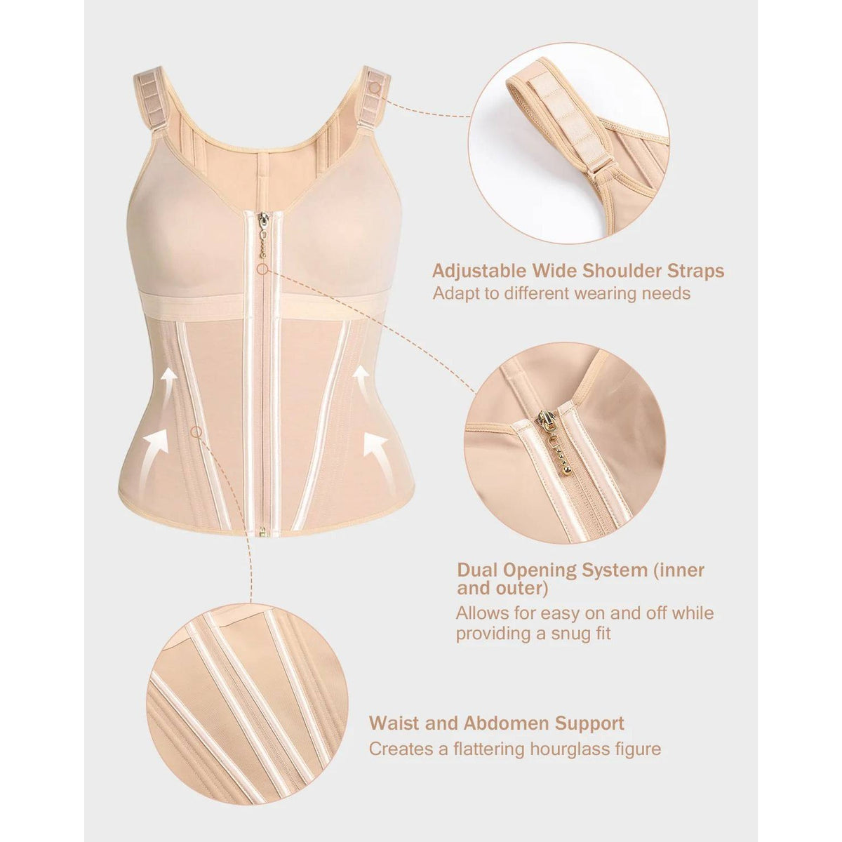 Women's Tan L Core Lift Zipper Tank Top Body Shaper Tummy Control Shapewear