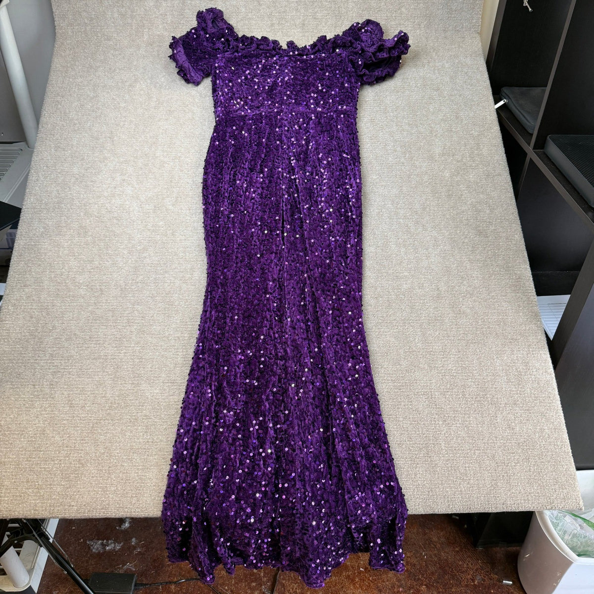 MSRP $79 dasmzper Womens M Purple Sequin Off Shoulder Ruffle Mermaid Maxi Dress