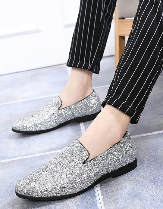 Santimon Men's US 6.5 - 12.5 Silver Glitter Slip-On Loafers Sequin Dress Shoes