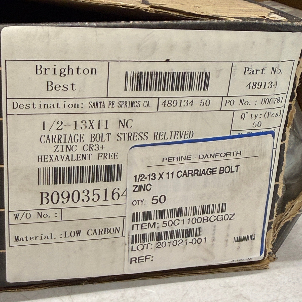 Pack of 50 Brighton Best 1/2-13 x 11" Carriage Bolts Under Sized Zinc