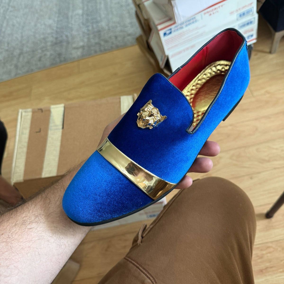 Santimon Mens US 7-11 Blue Velvet Loafers Golden Animal Buckle Slip-On Shoes