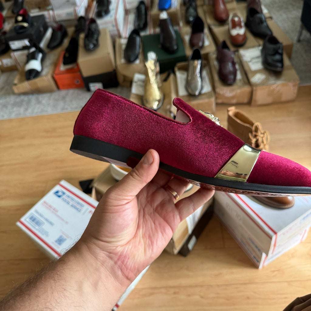 Santimon Mens Red US 6.5, 8 Velvet Loafers Golden Animal Buckle Slip-On Formal D