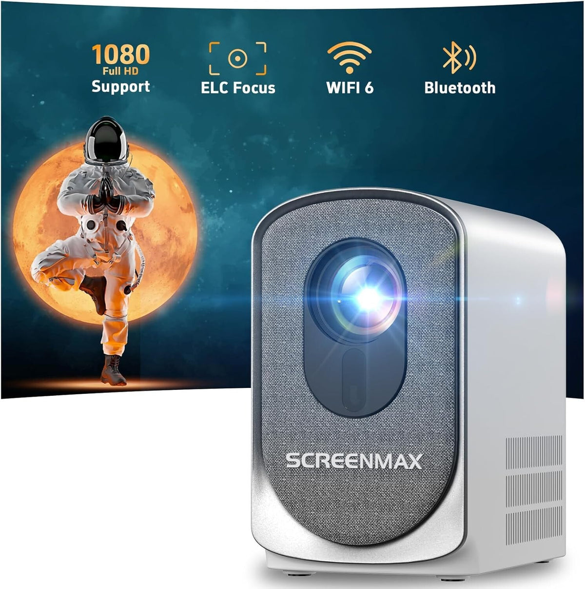 SCREENMAX Electric Focus Mini Projector with WiFi and Bluetooth, Upgraded Portab