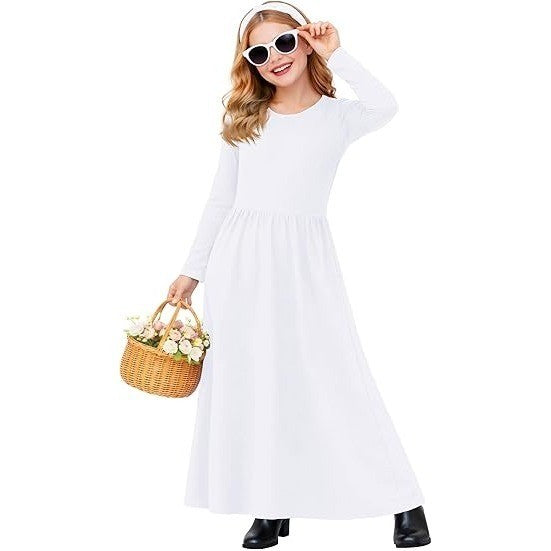MSRP $26 Deerose Girls White 2XL 13-14Y Summer Maxi Dress w/ Pockets Long Sleev
