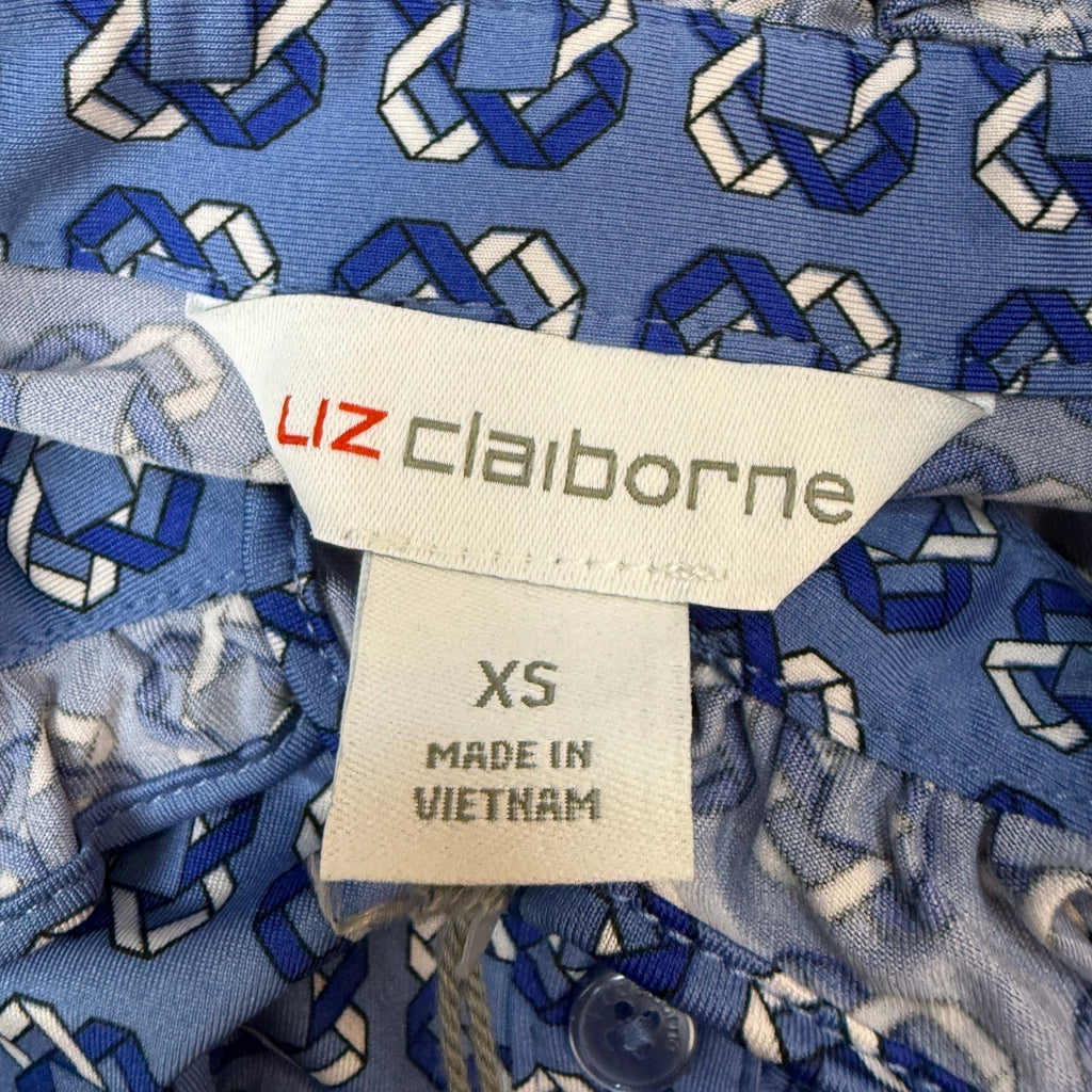MSRP $48 Liz Claiborne Womens XS Blue Linked Geo 3/4 Sleeve Blouse