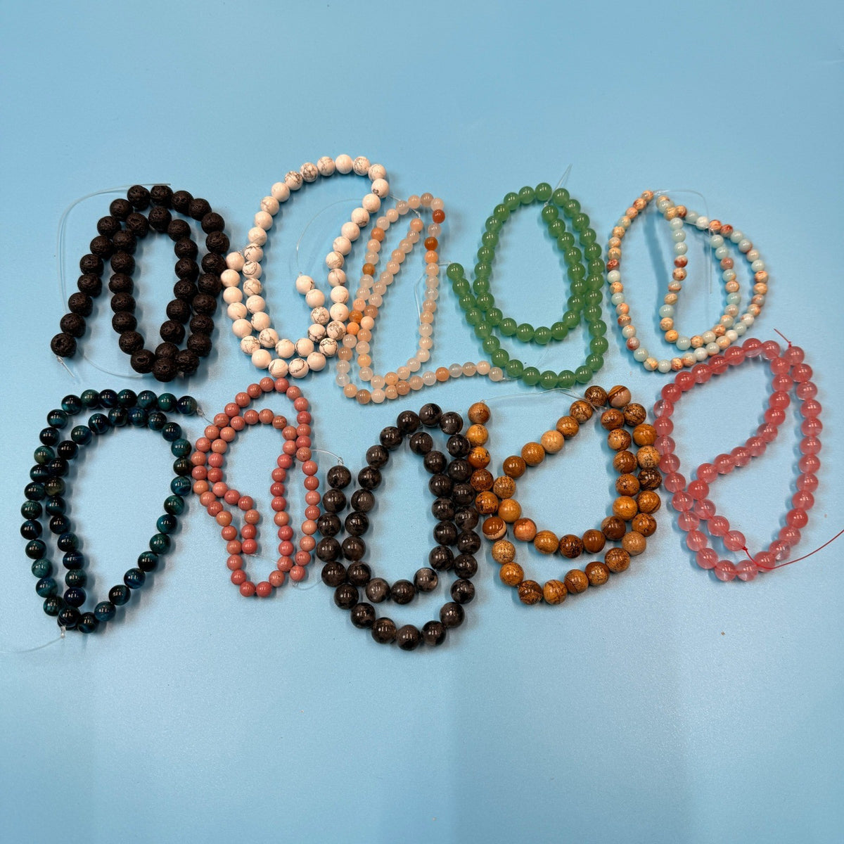 Set of 10 Natural Gemstone Round Beads Strands 15" Sizes 6,8,10 mm 14oz №B6