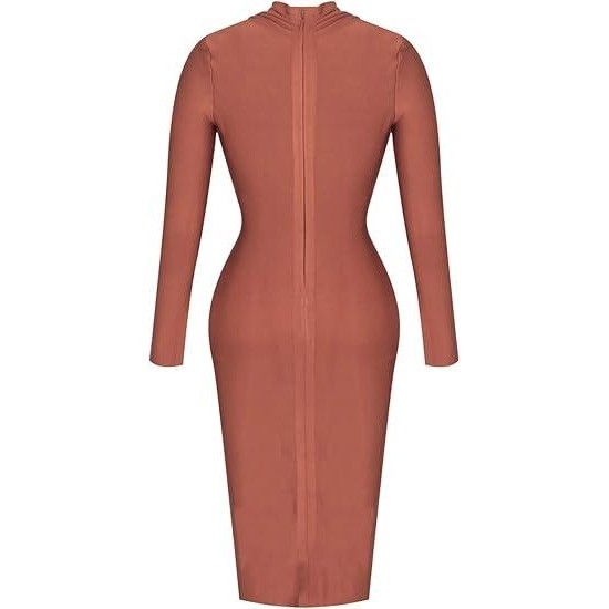 Uonbox Women's L Deep Plunge V Neck Long Sleeves Dress (Real color pic 2) Drap