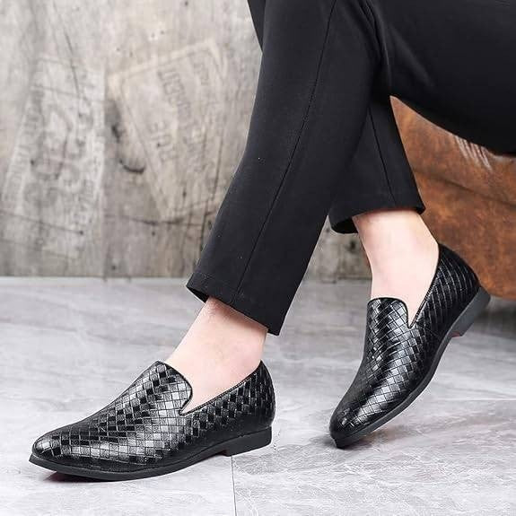 Santimon Men's US 6 Black Woven Moccasin Leather Slip-On Smoking Loafers Lightwe