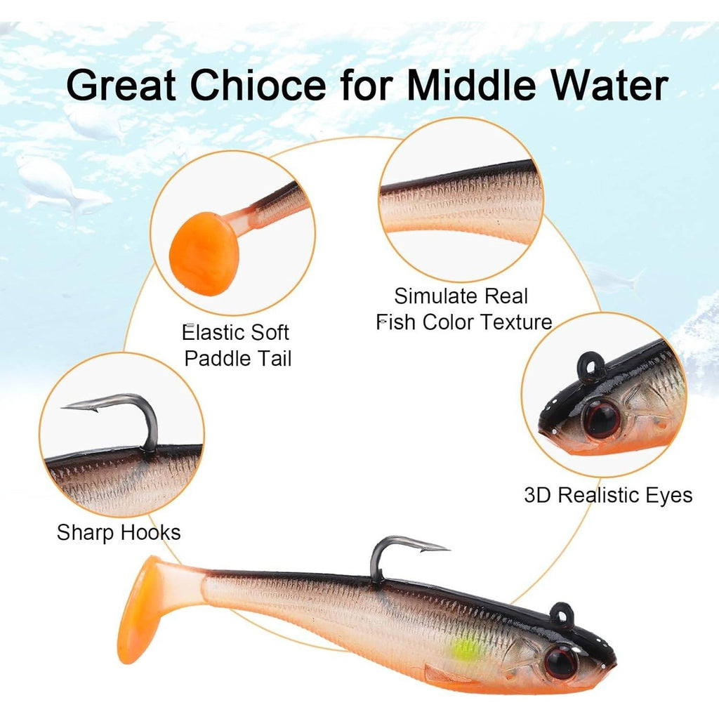 Pack of 6 Soft Swimbaits Fishing Lures Kit w/ Hook for Fresh & Saltwater Bass P