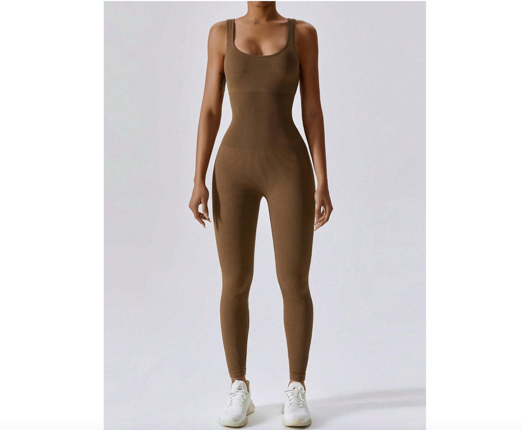 1pc Women's S, XL Seamless Shoulder Strap Jumpsuit Brown, Yoga Fitness Running