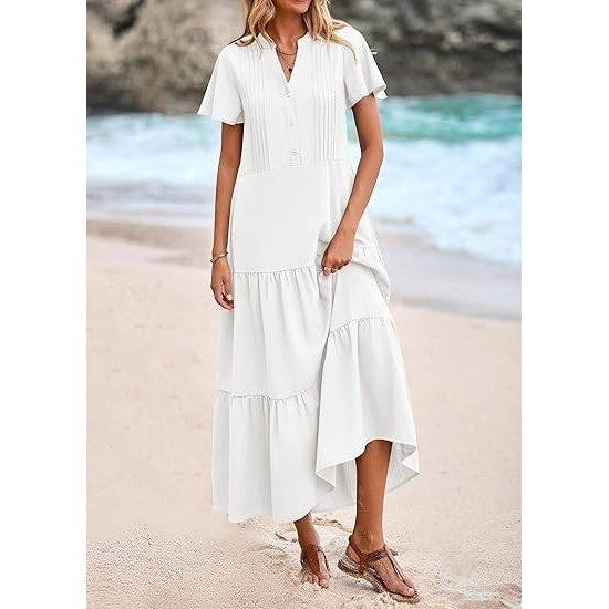 MSRP $53 KIRUNDO Women's White L Summer Maxi Dresses Spring Fashion Short Slee