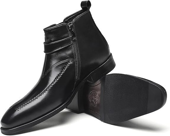 Santimon Men's US 7.5, 12 Black Leather Buckle Strap Zipper Ankle Dress Boots