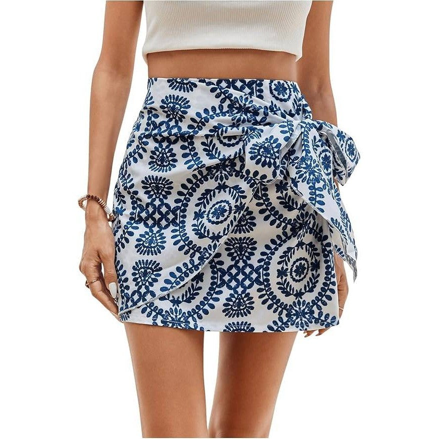 WDIRARA Women's M Allover Print Knot Side High Waist Wrap Mini Skirt Zipper Ba